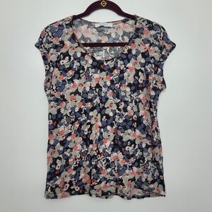 EUC Promod Floral Cap-Sleeve Beaded Scoop Neck Tee in Navy, Pink, Cream - Large
